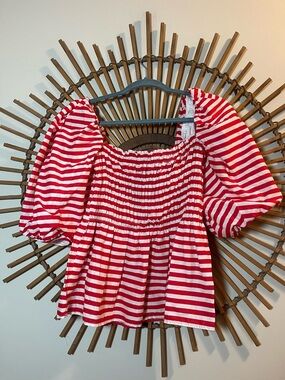 Red and White Striped Puff-Sleeve Women's Top Smoked Nautical Americana